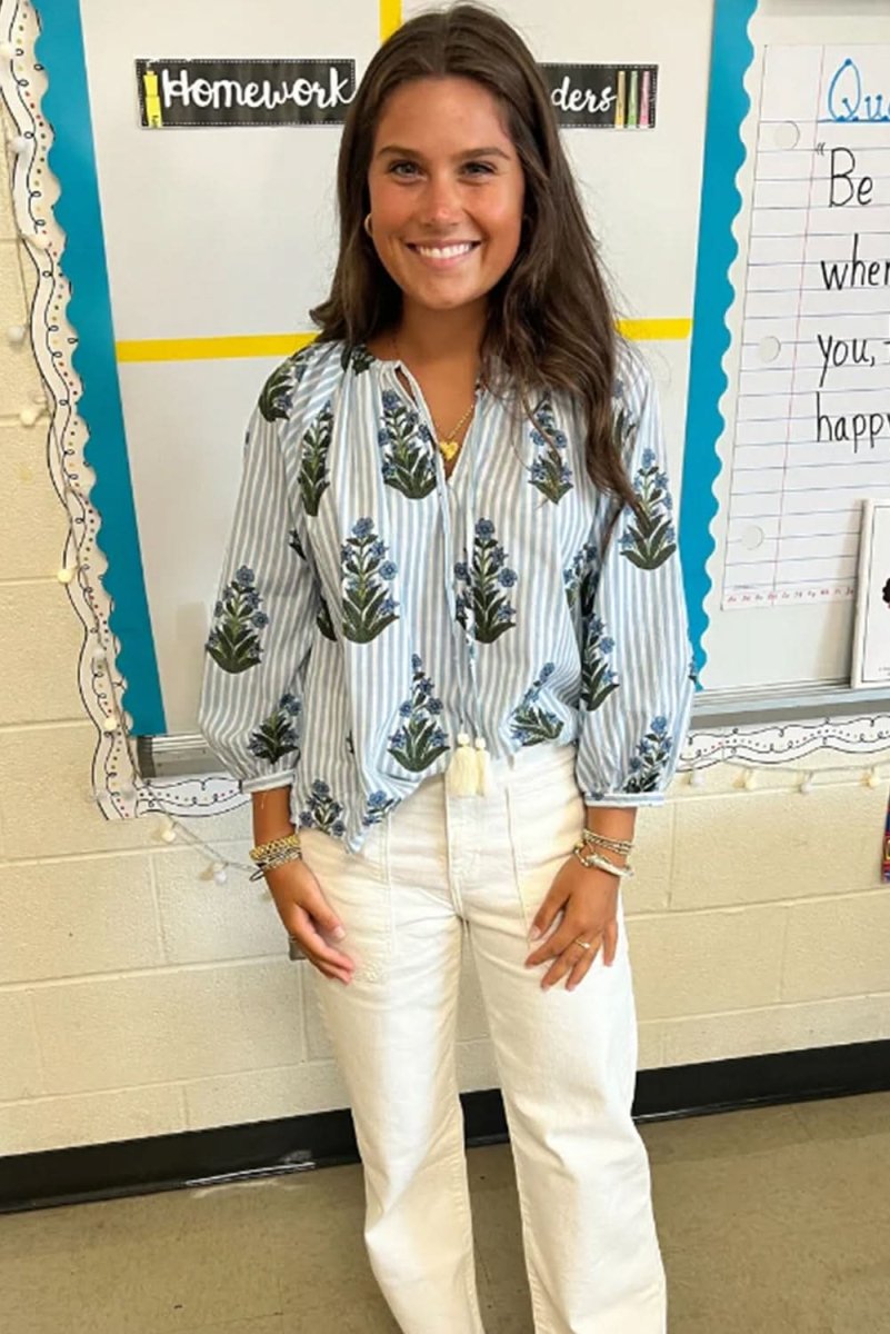 Beau Blue Striped Floral Printed Long Sleeve Tied V Neck Blouse - Love Salve 