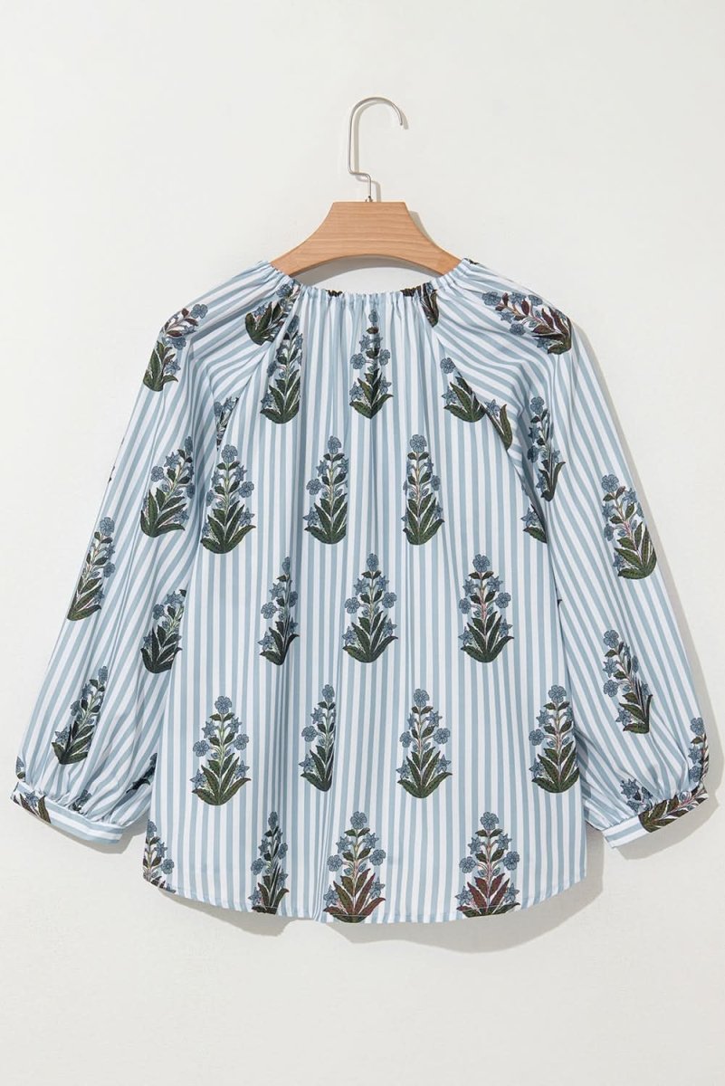 Beau Blue Striped Floral Printed Long Sleeve Tied V Neck Blouse - Love Salve 