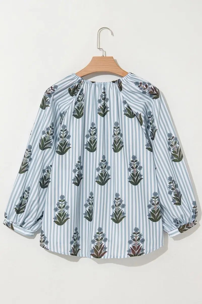 Beau Blue Striped Floral Printed Long Sleeve Tied V Neck Blouse - Love Salve 