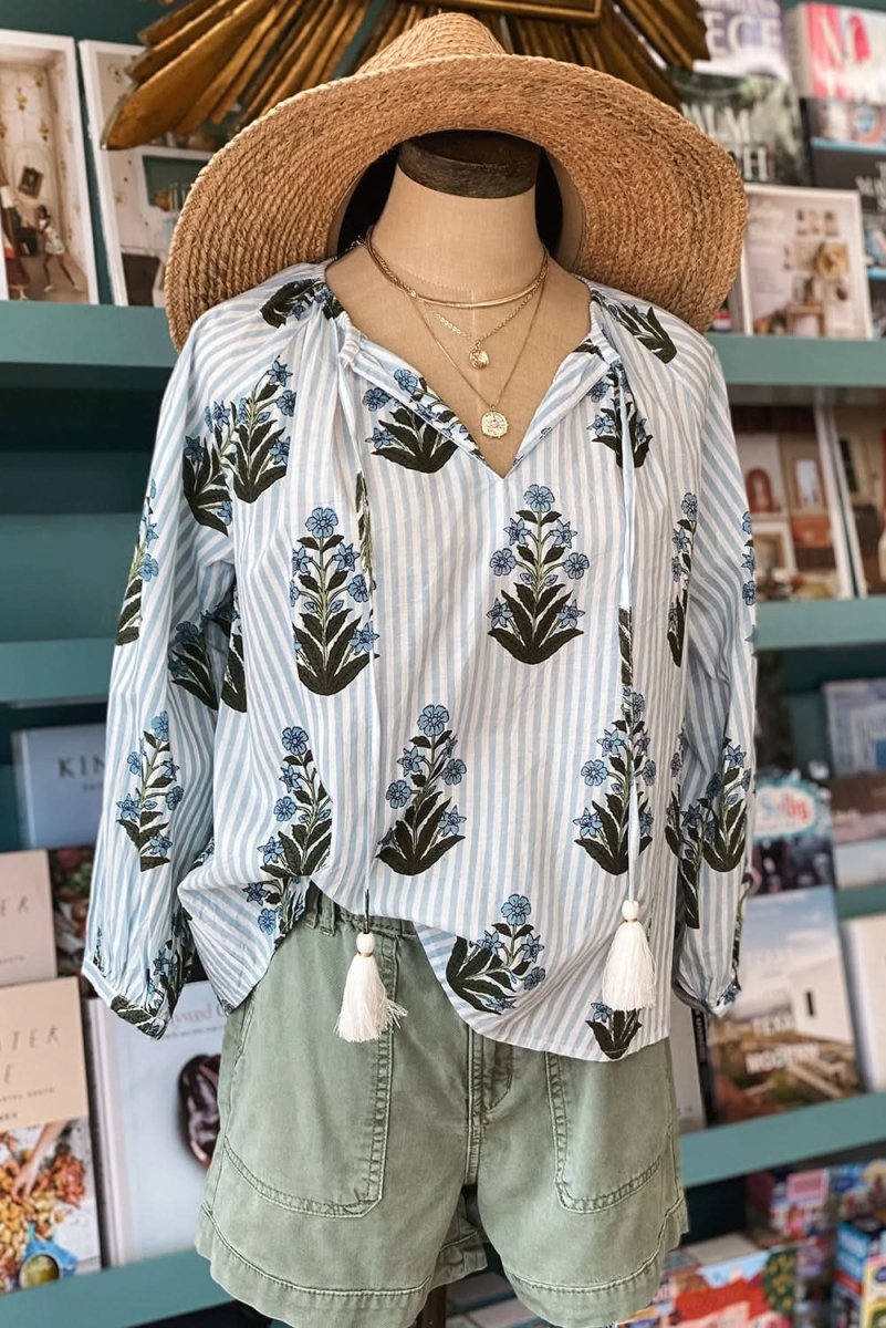 Beau Blue Striped Floral Printed Long Sleeve Tied V Neck Blouse - Love Salve 