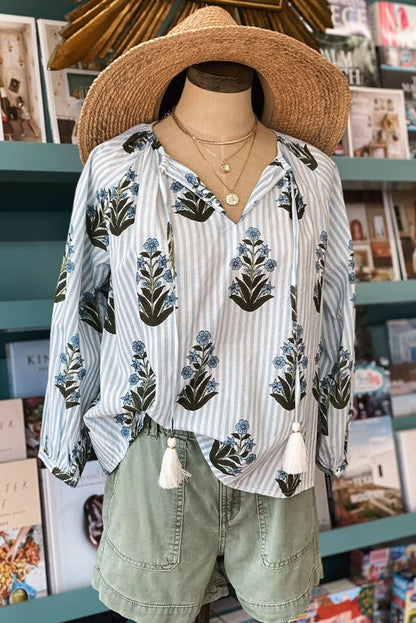 Beau Blue Striped Floral Printed Long Sleeve Tied V Neck Blouse - Love Salve 