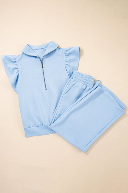 Beau Blue Textured Ruffled Sleeve Zipped Top And Wide Leg Pants Set - Love Salve 