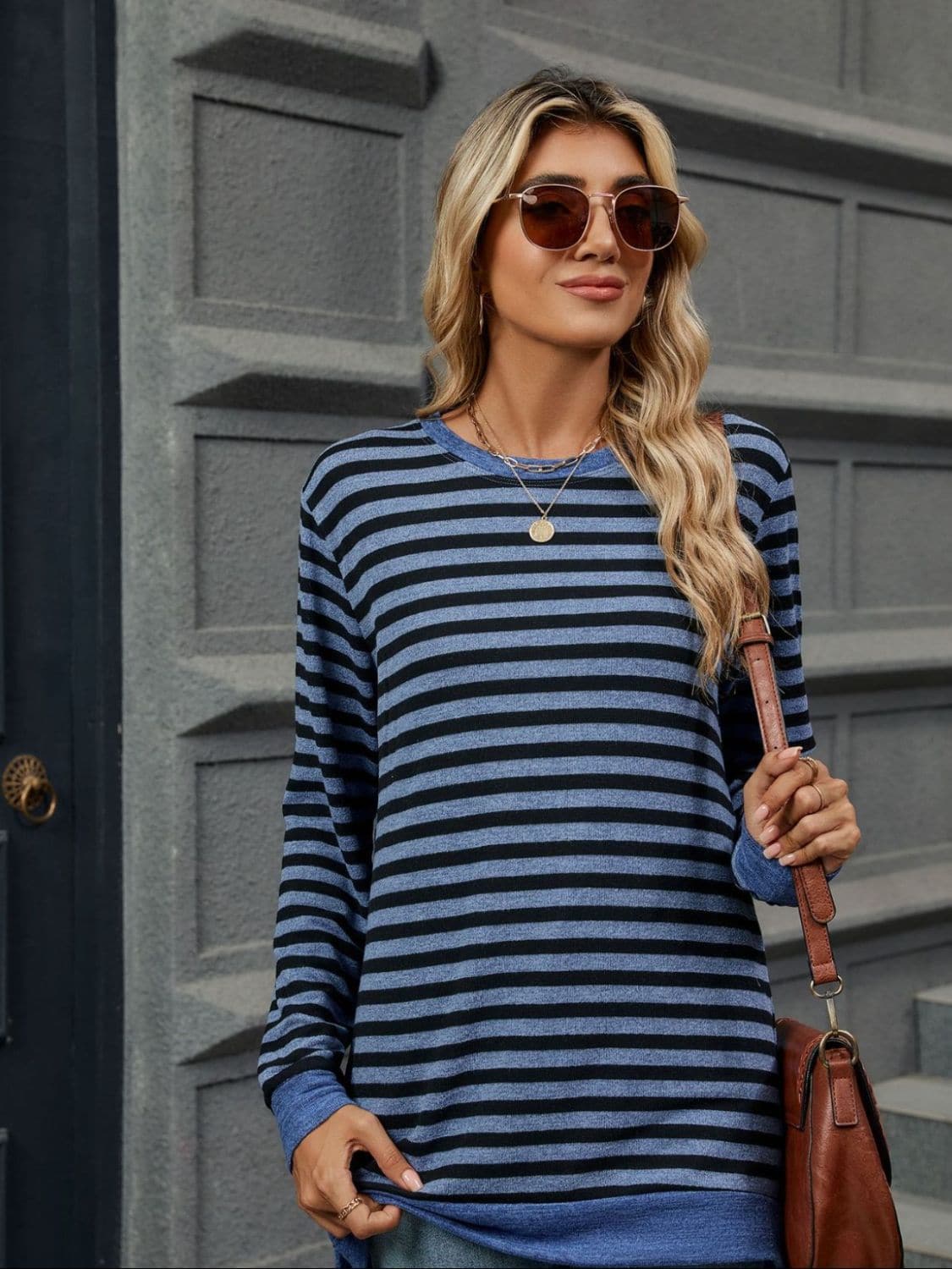 Striped Round Neck Long Sleeve T-Shirt.