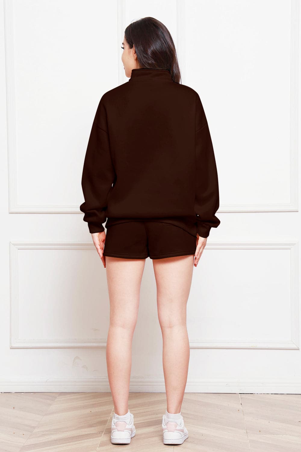 Half Zip Long Sleeve Sweatshirt and Drawstring Shorts Set.