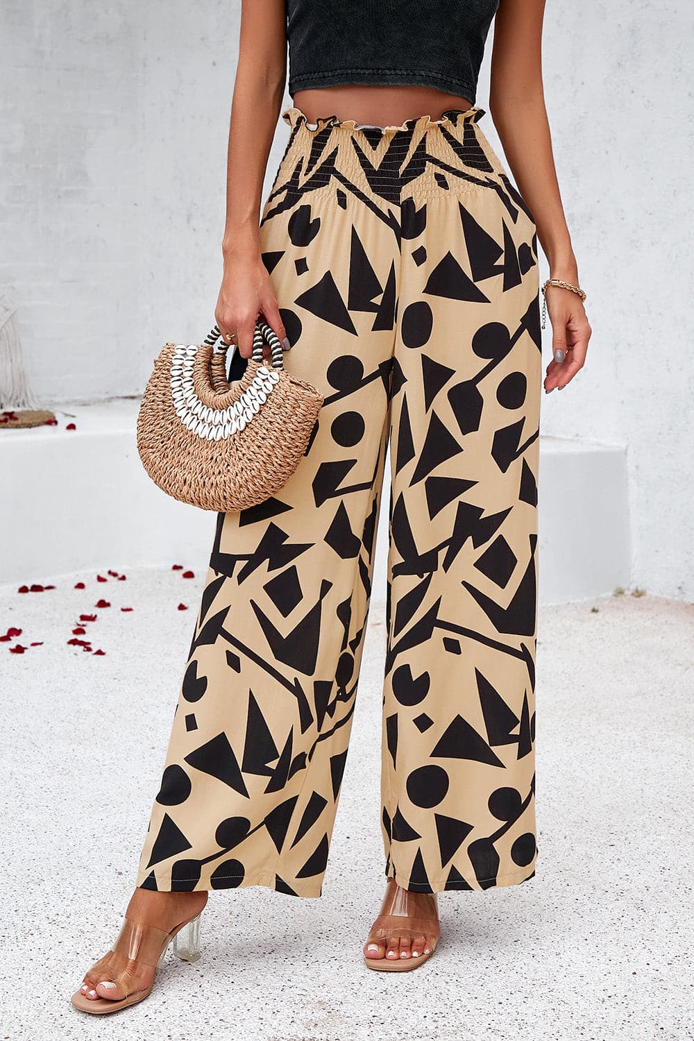 Smocked Printed Wide Leg Pants with Pockets.