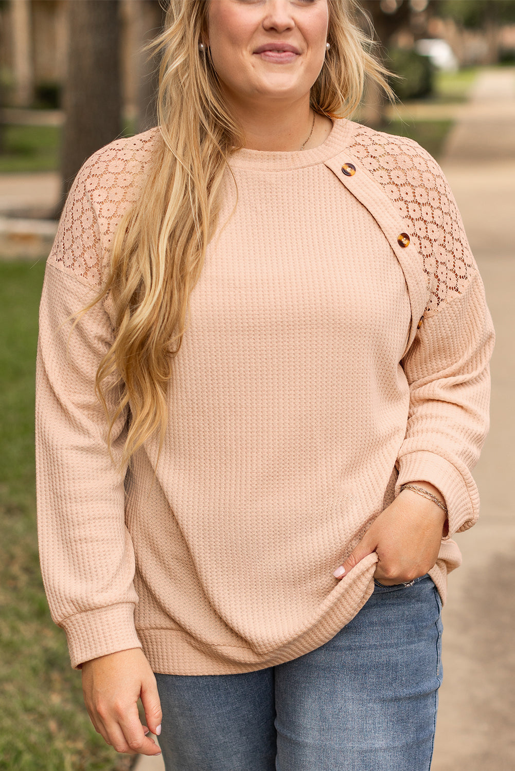 Chic beige plus size waffle knit top with lace patchwork and button details