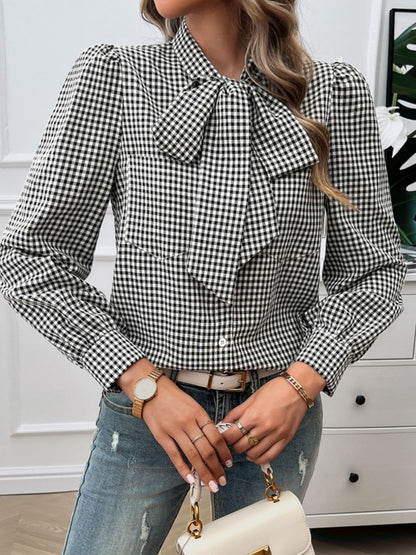 Plaid tie-neck long sleeve top