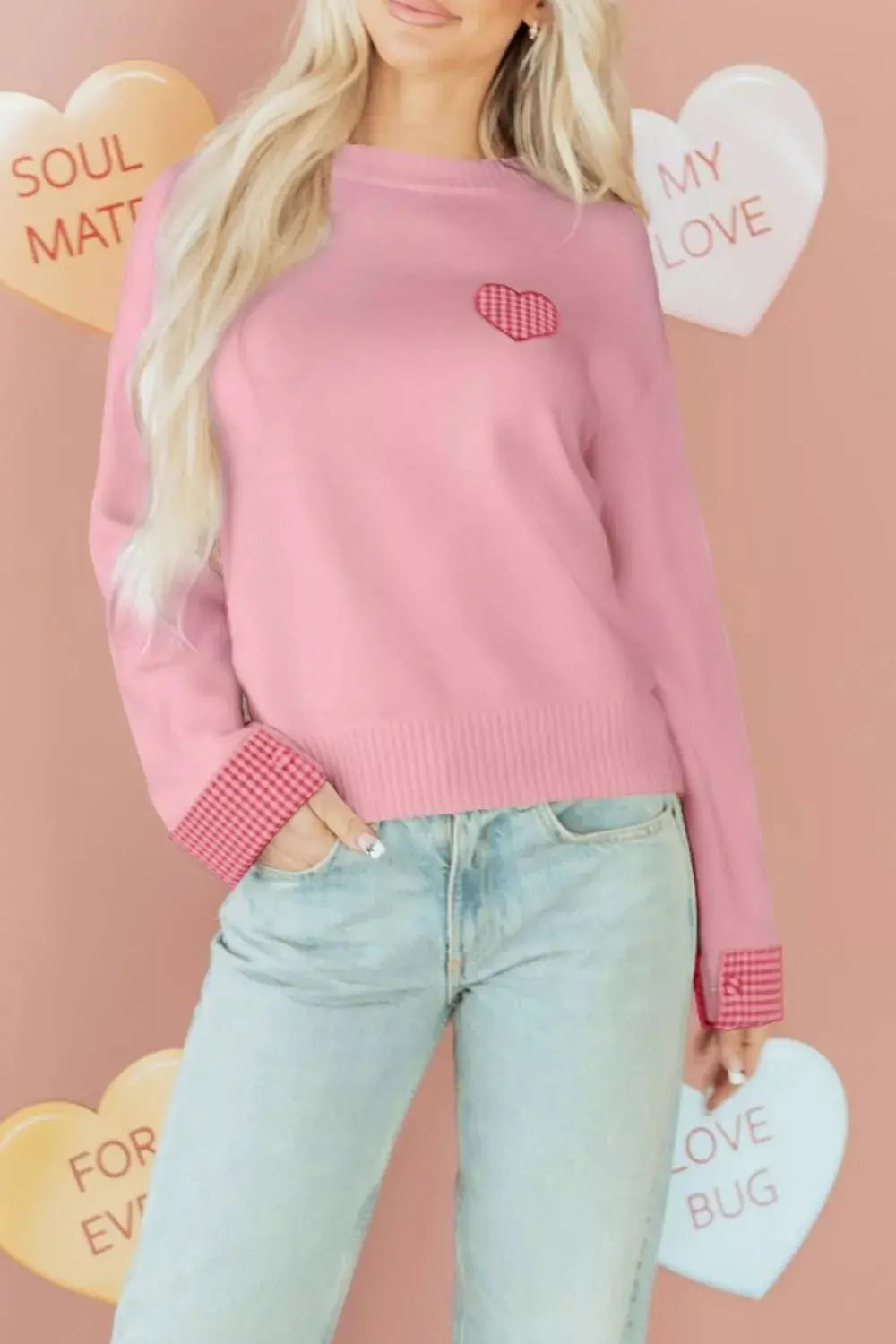 Plaid Heart Embroidered Cuffed Drop Shoulder Crew Neck Sweater Simply Love