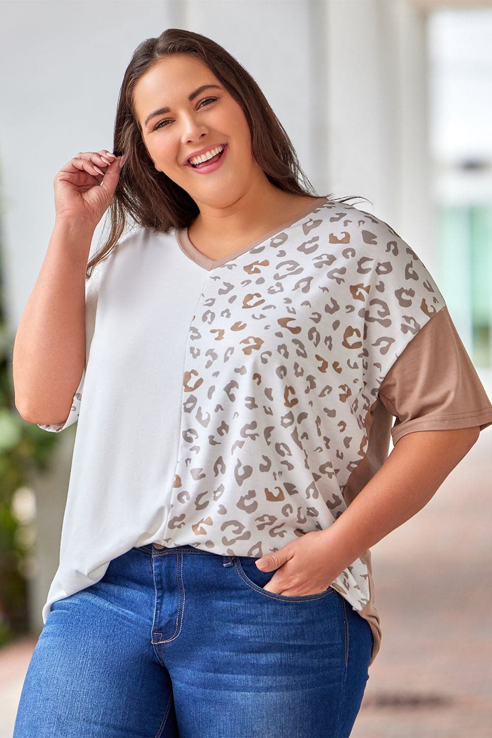 Plus Size Leopard V-Neck T-Shirt.