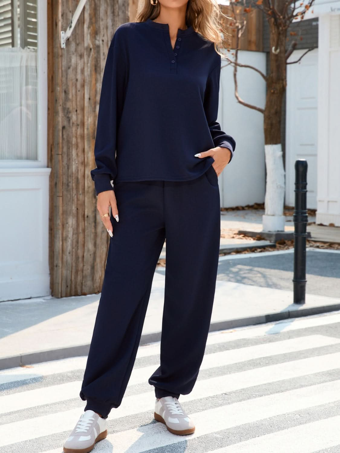 Button-Down Long Sleeve Top and Pants Combo Set