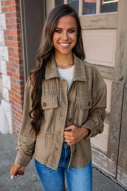 Chic dark khaki textured shacket with chest pockets