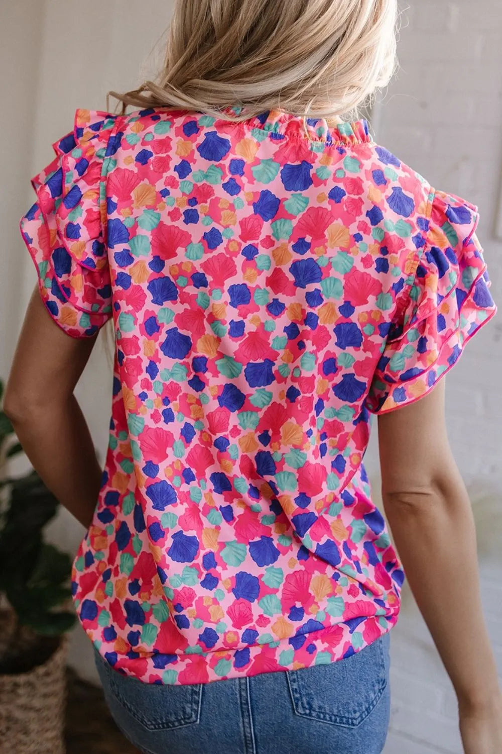 Abstract Print Ruffled Sleeve Notched Blouse - Product side view by Simply Love