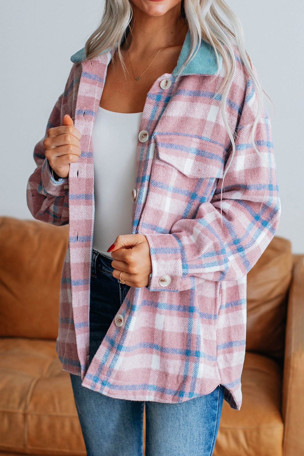 Pink plaid color block shacket with collared flap pockets