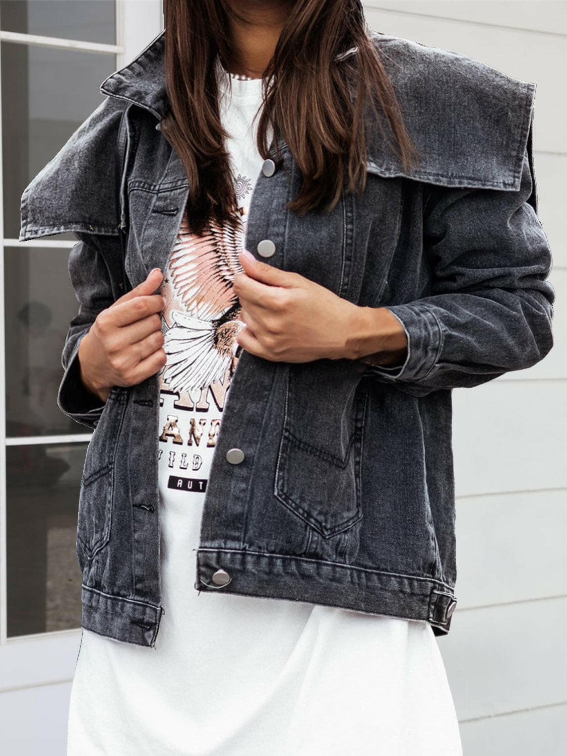 Collared Neck Button Down Denim Jacket.