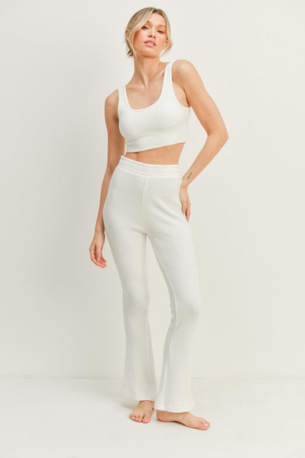 Kimberly C Waffle Tank and High Waist Flare Pants Set.