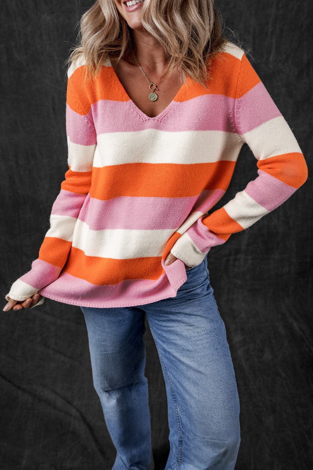 Color Block V-Neck Long Sleeve Sweater.