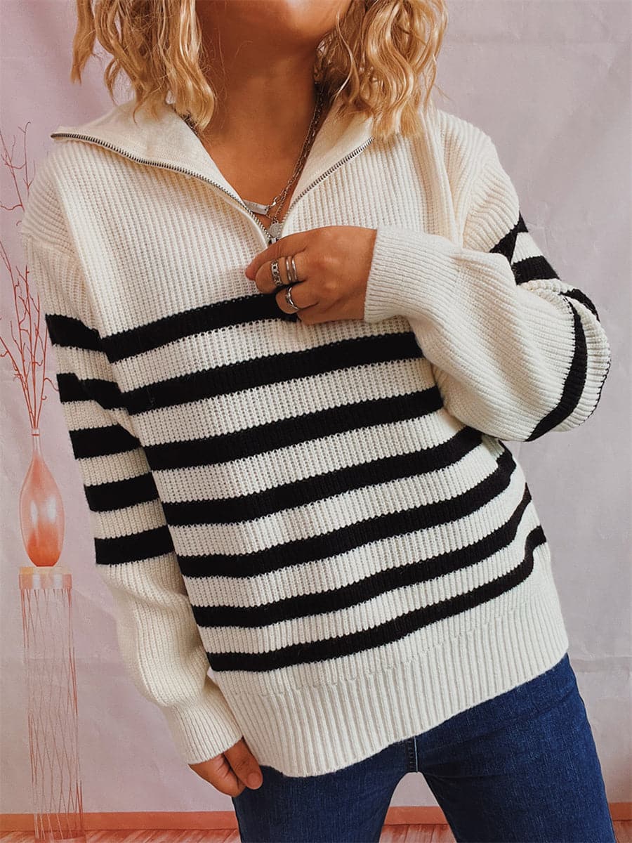 Striped Half Zip Collared Sweater.