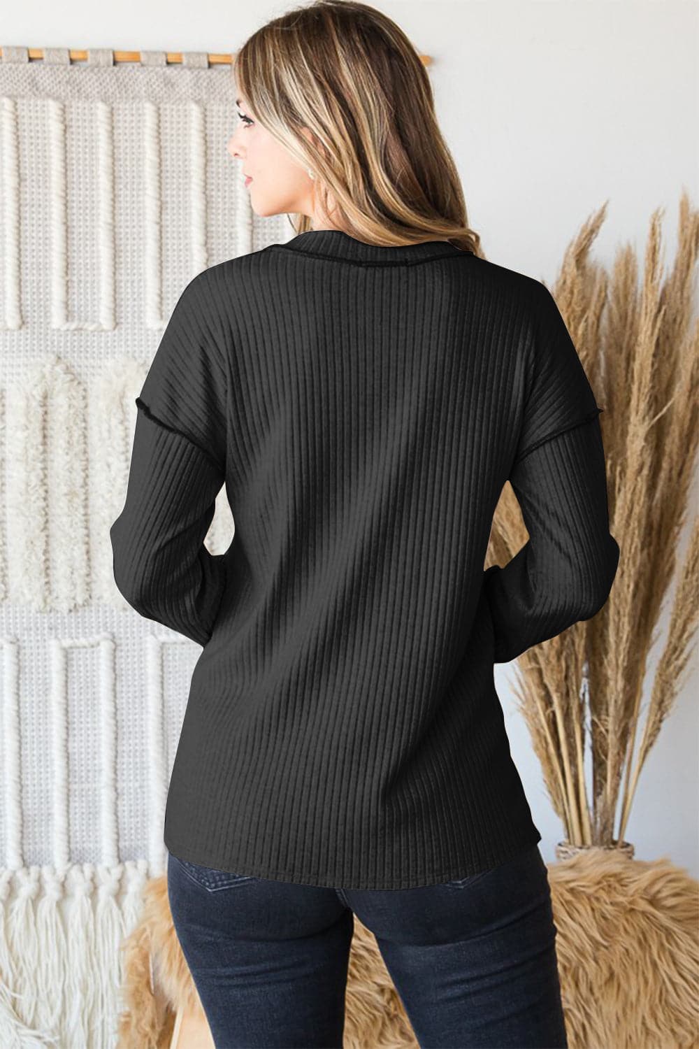 Heimish Full Size Ribbed V-Neck Exposed Seam Top.