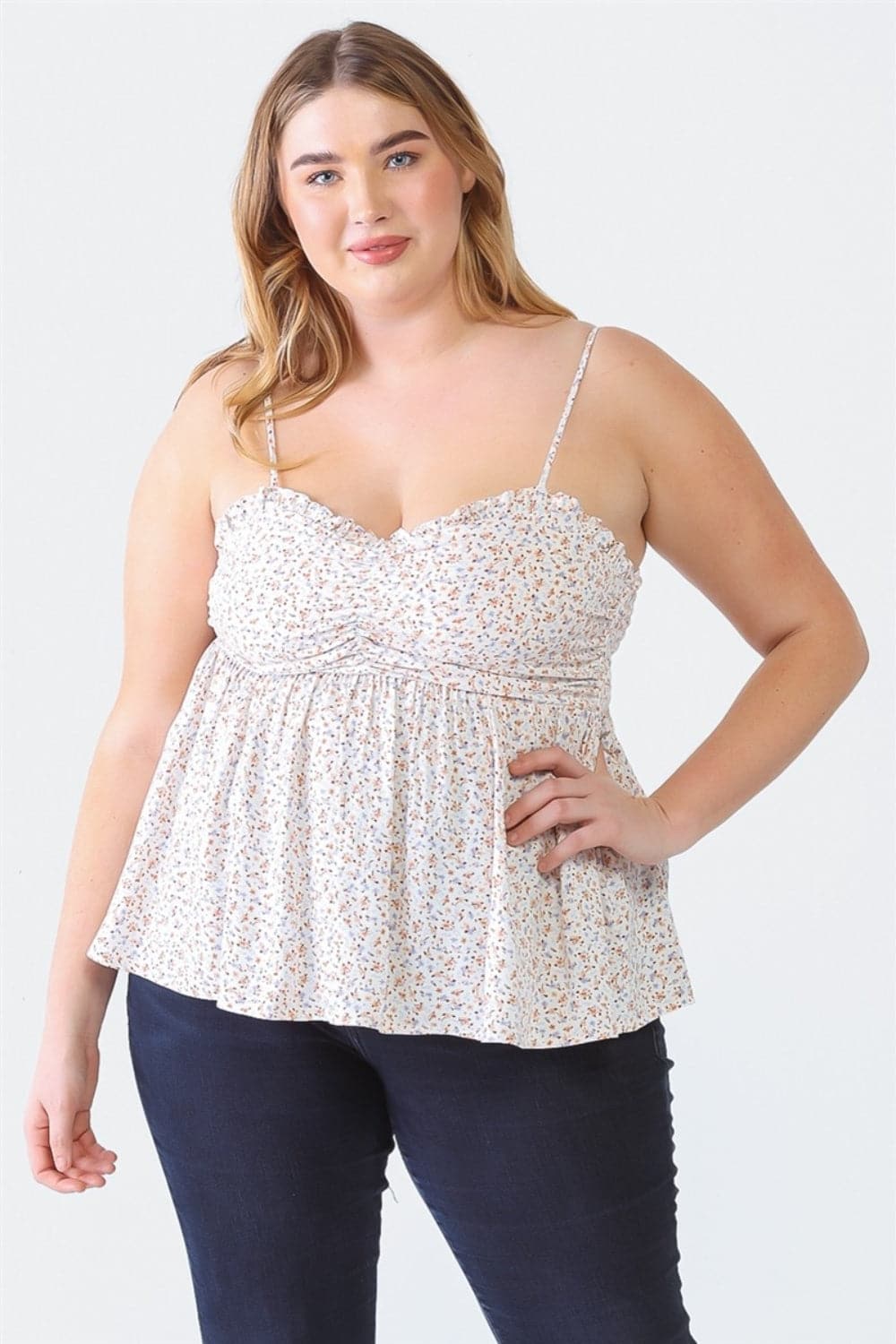 Zenobia Plus Size Frill Smocked Floral Sweetheart Neck Cami.