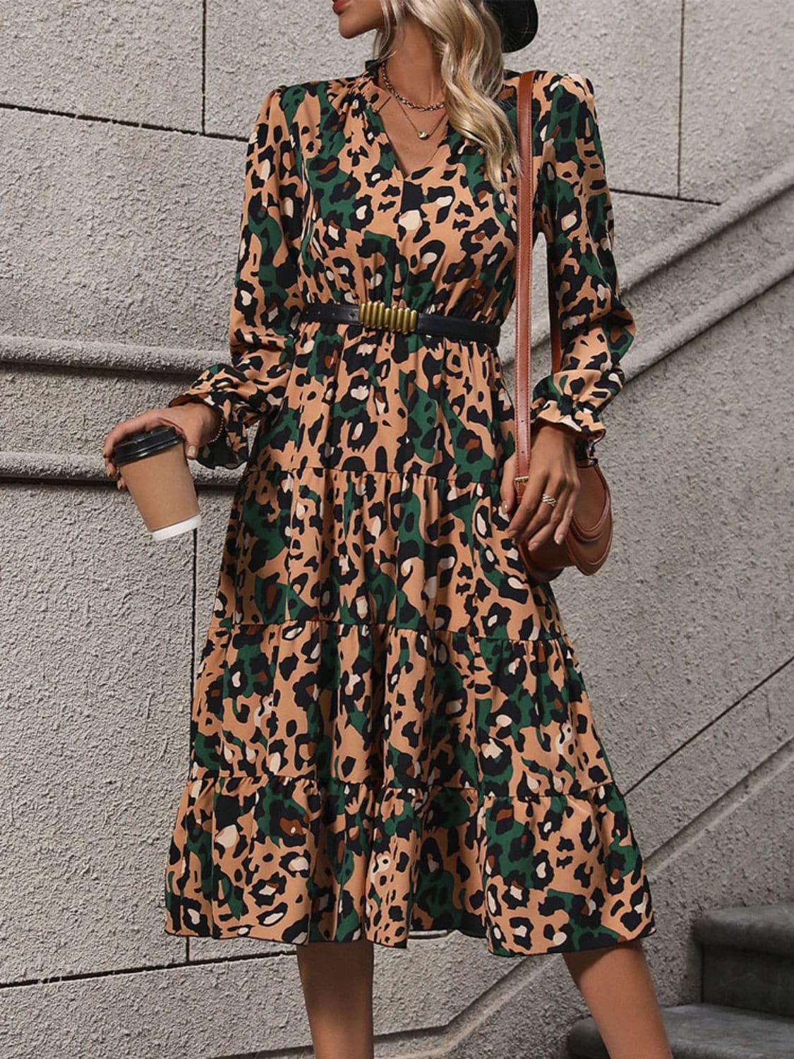 Leopard Notched Flounce Sleeve Midi Dress.