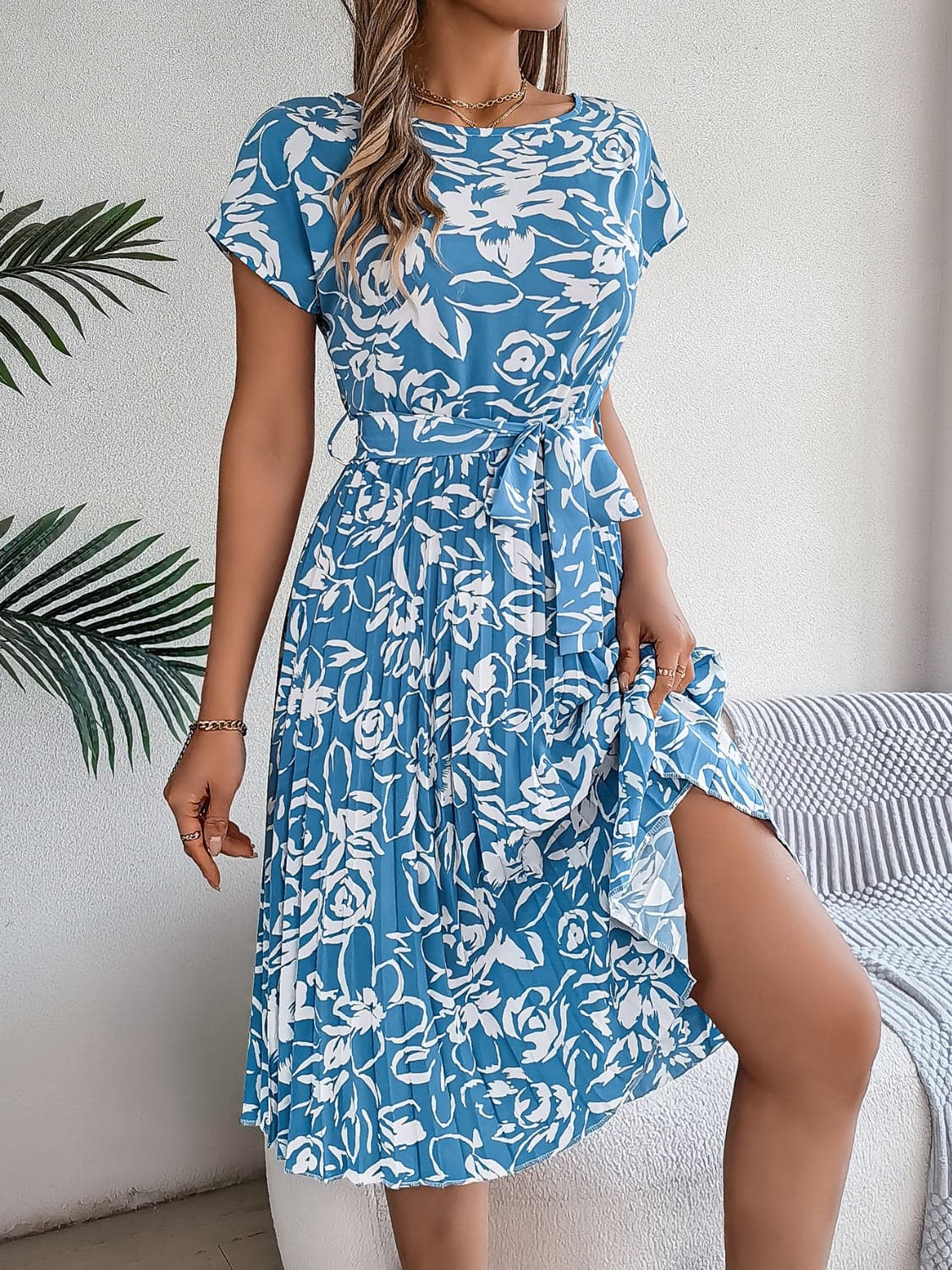 Tied Pleated Printed Short Sleeve Dress.