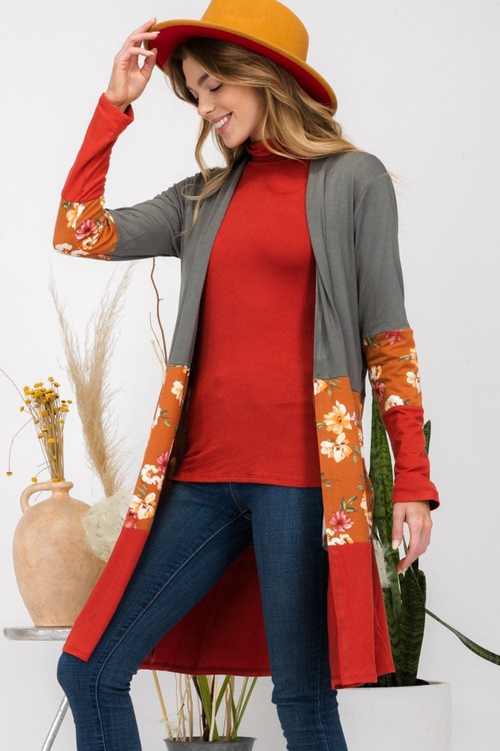 Celeste floral print color block cardigan for all-day comfort