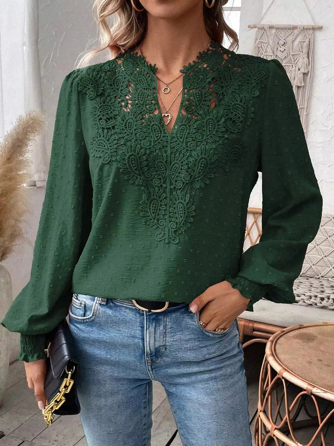 Lace Trim Long Sleeve Blouse Simply Love
