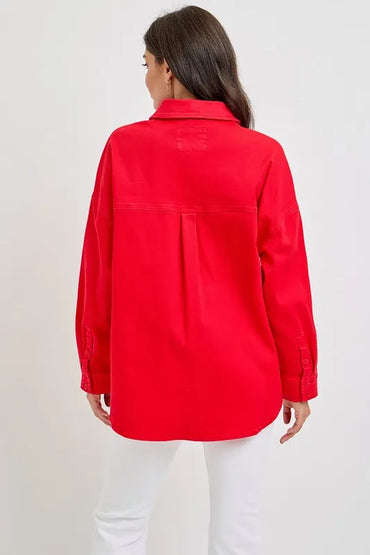 Risen Button Down Long Sleeve Denim Shacket with Chest Pockets - Love Salve 