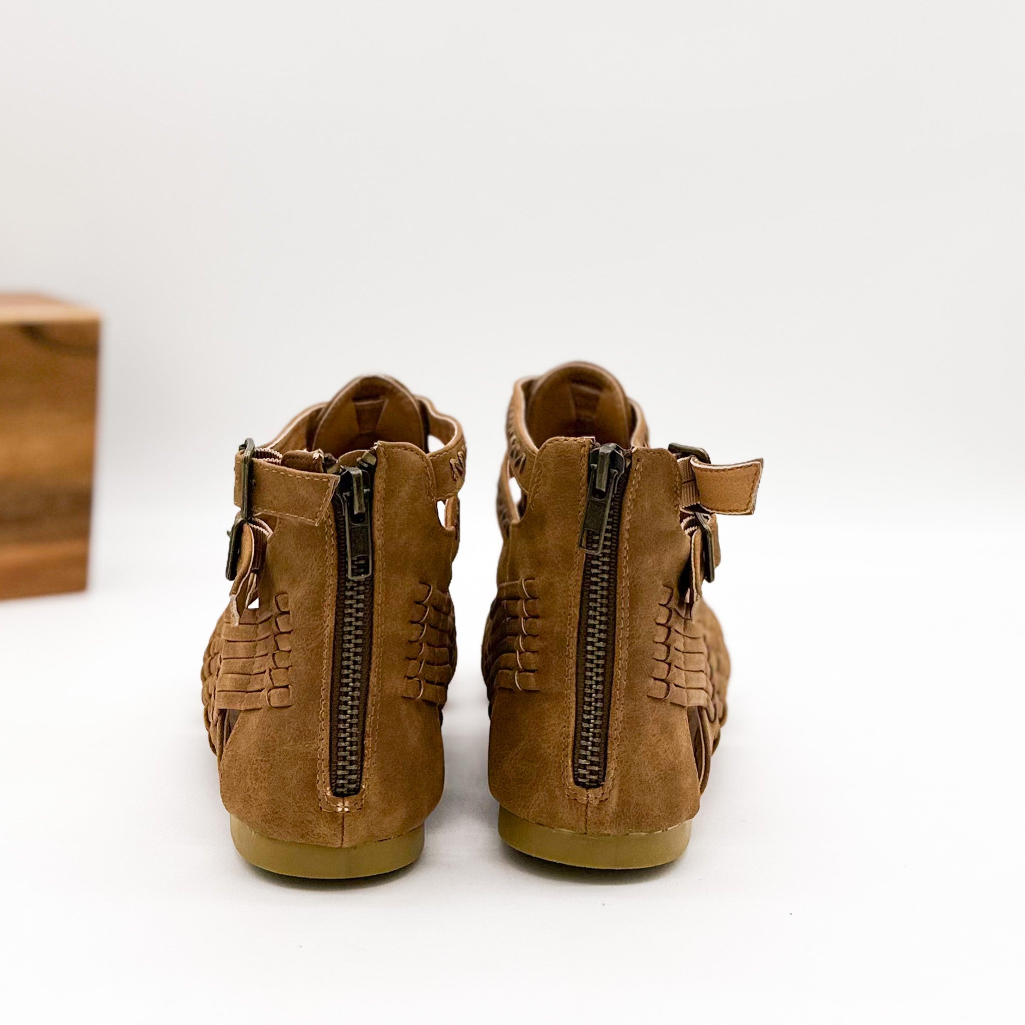 Tan Basket Weave Sandals With Faux Leather Back Zipper Naughty Monkey