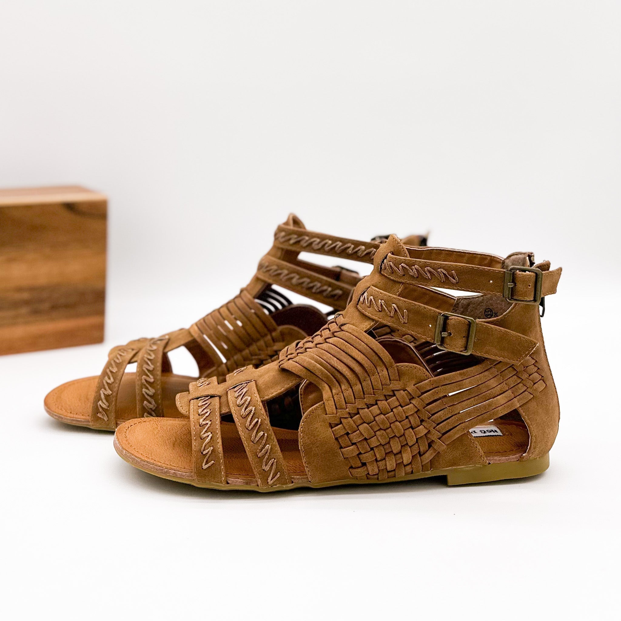 Tan Basket Weave Sandals With Faux Leather Back Zipper Naughty Monkey