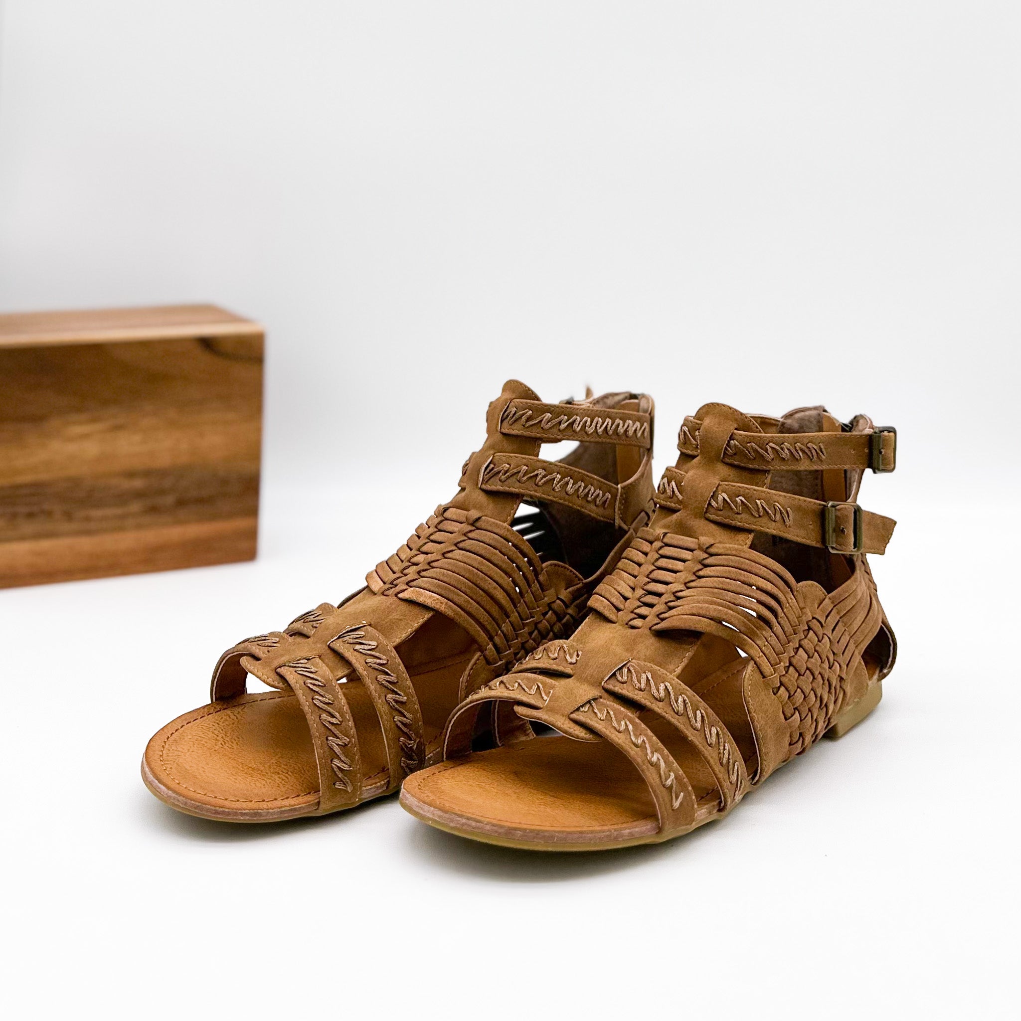 Tan Basket Weave Sandals With Faux Leather Back Zipper Naughty Monkey