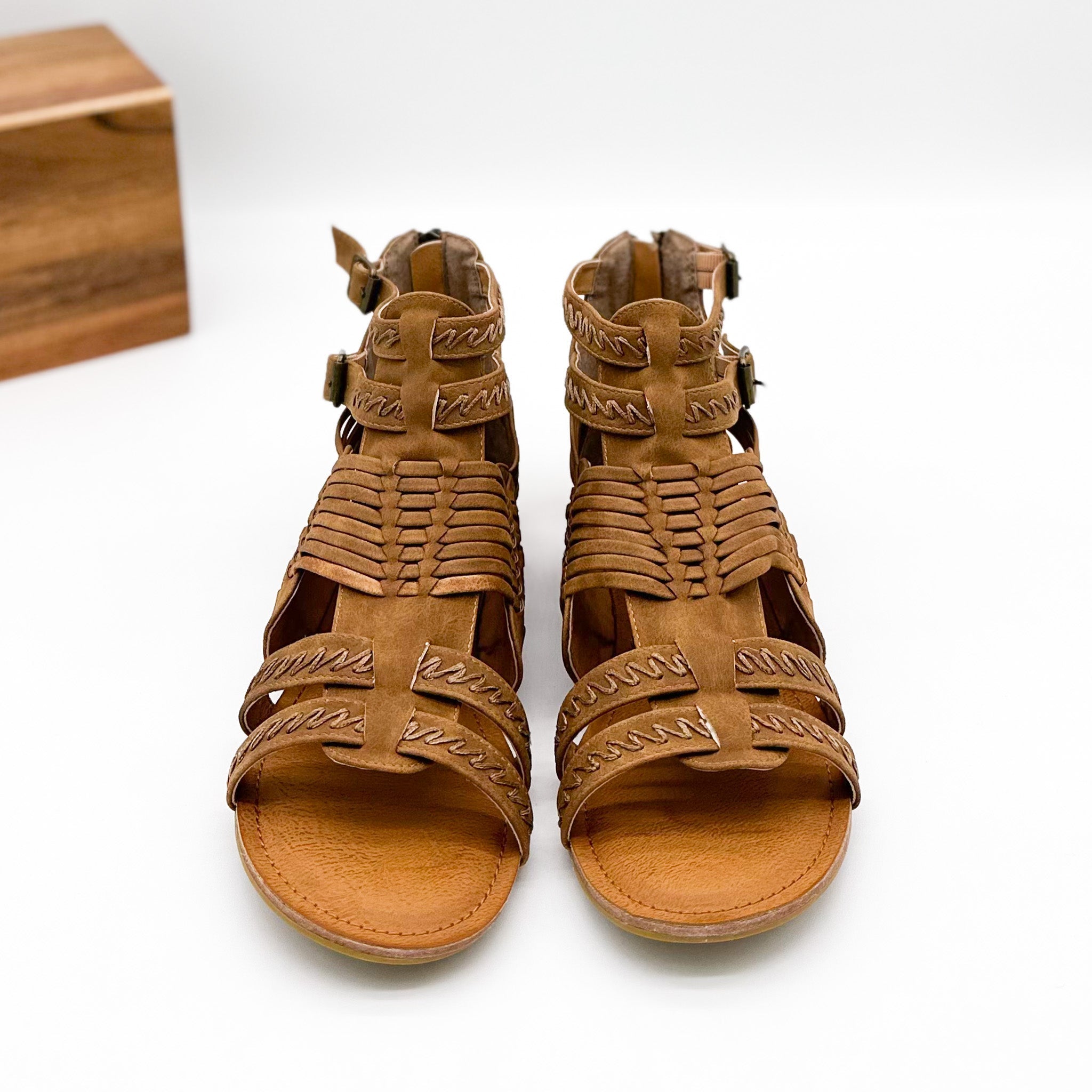 Tan Basket Weave Sandals With Faux Leather Back Zipper Naughty Monkey