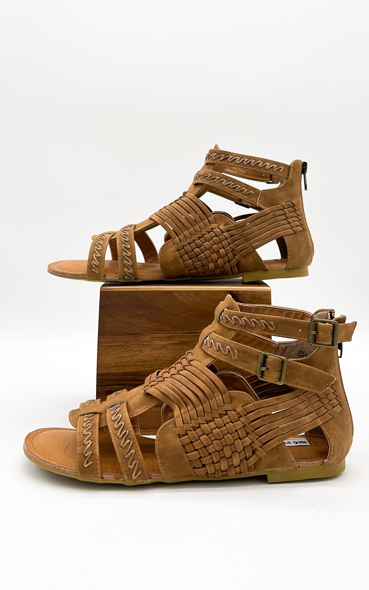 Tan Basket Weave Sandals With Faux Leather Back Zipper Naughty Monkey