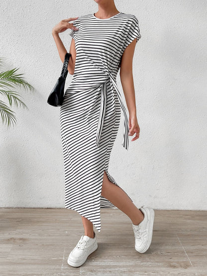 Tied Striped Round Neck Short Sleeve Tee Dress.