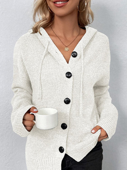 Drawstring Button Up Hooded Cardigan.