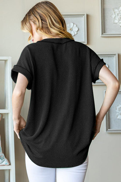 Heimish Full Size Front Pocket Short Sleeve Ribbed Top.