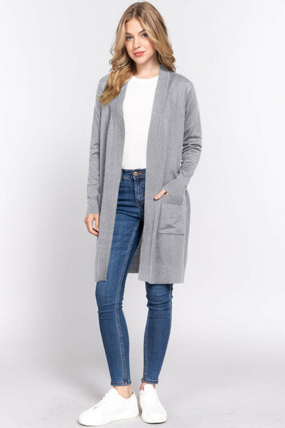 ACTIVE BASIC Open Front Rib Trim Long Sleeve Knit Cardigan.