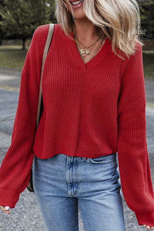 Premium Racing Red Solid Textured Knit V Neck Drop Shoulder Sweater Dear-Lover Dropshipping