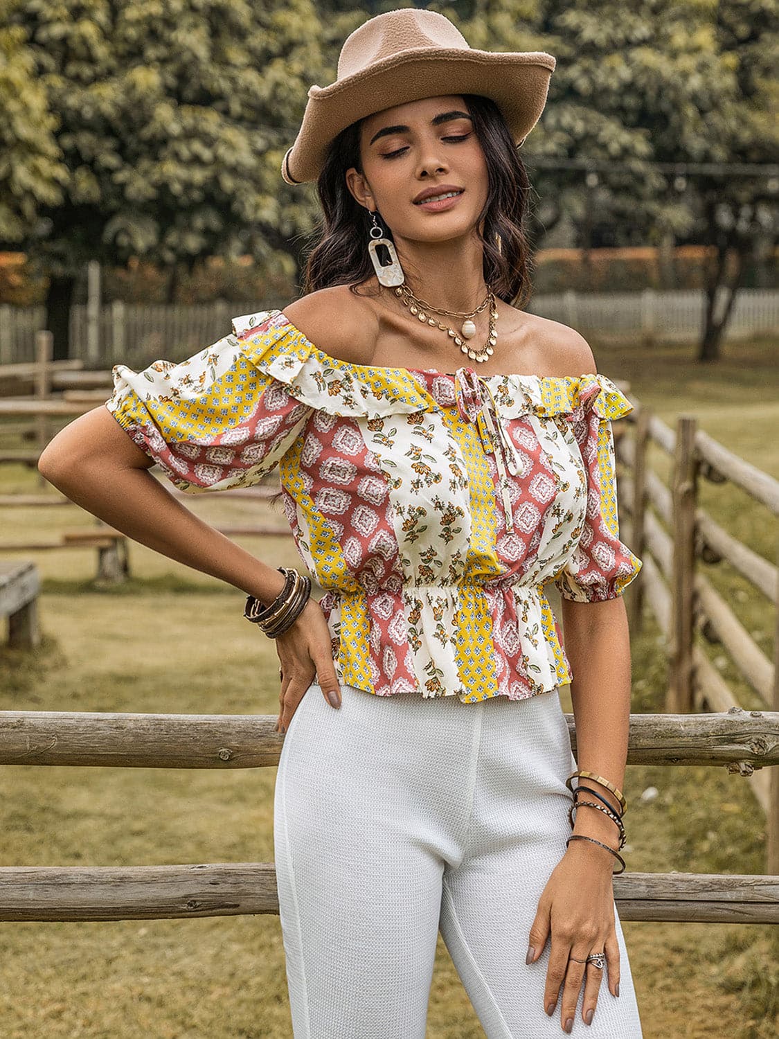 Ruffled Printed Off-Shoulder Short Sleeve Blouse.