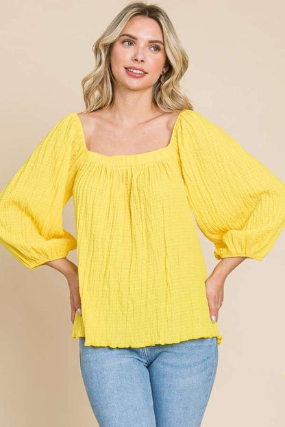 Culture Code Texture Square Neck Puff Sleeve Top.