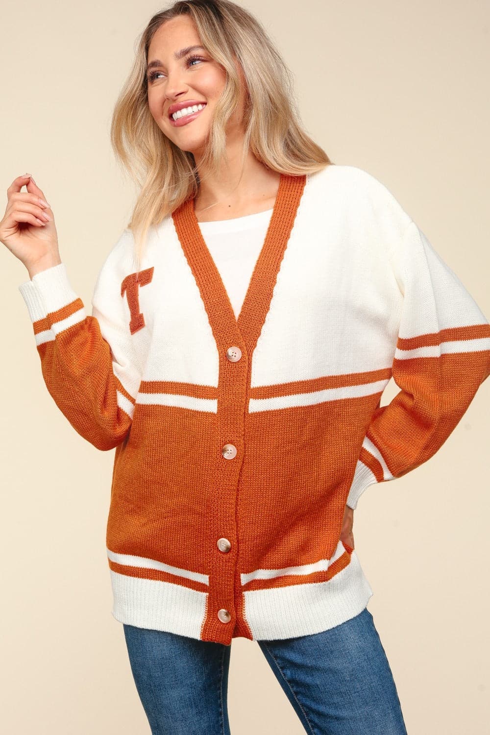 V-neck oversized button cardigan with trendy letter patch