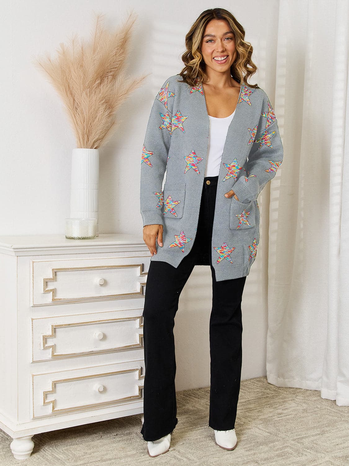 Star Pattern Open Front Cardigan with Pockets.