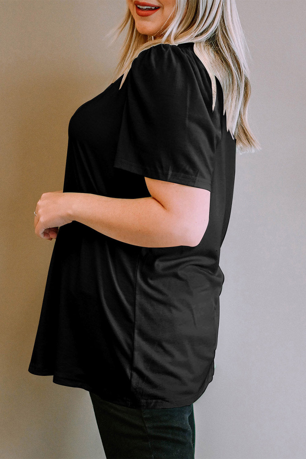 Chic black plus size square neck top with ruched sleeves