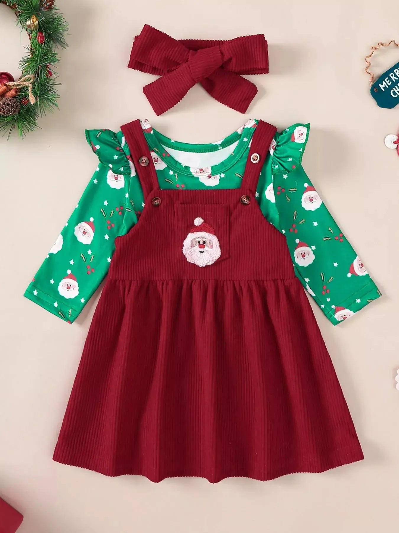 Children's Christmas Bodysuit and Overall Dress Set with Headband Simply Love