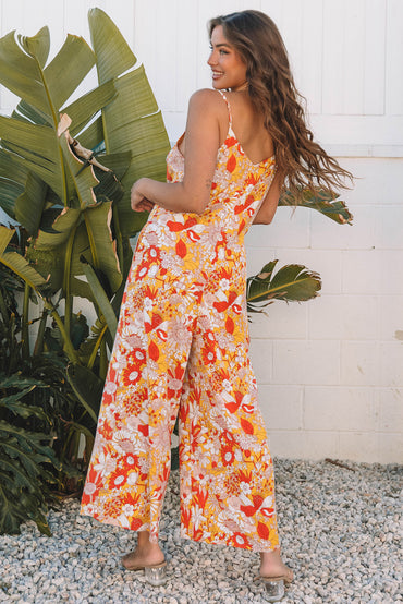 Orange Floral V Neck Wide Leg Sleeveless Jumpsuit