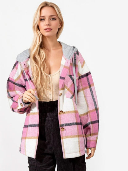 Drawstring Plaid Button Up Long Sleeve Outerwear