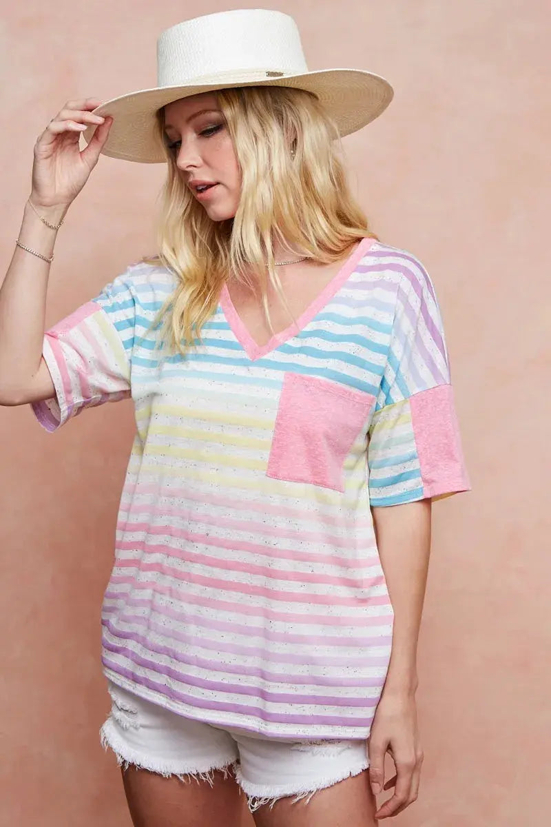 BiBi Rainbow Stripe Printed Triblend Knit Top - Love Salve 