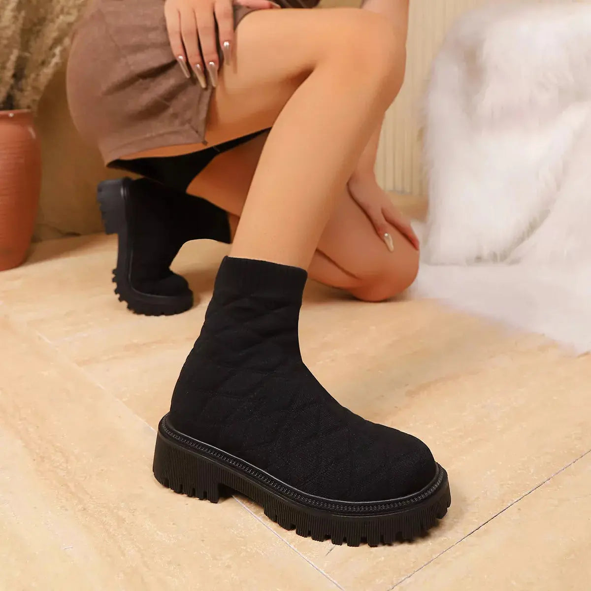Black Knit Sock Boots With Round Toe And Low Heel Thick Lug Sole Simply Love