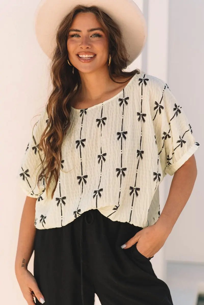 Beige Bow Print Puff Short Sleeve Top for Women Fashion - Love Salve 