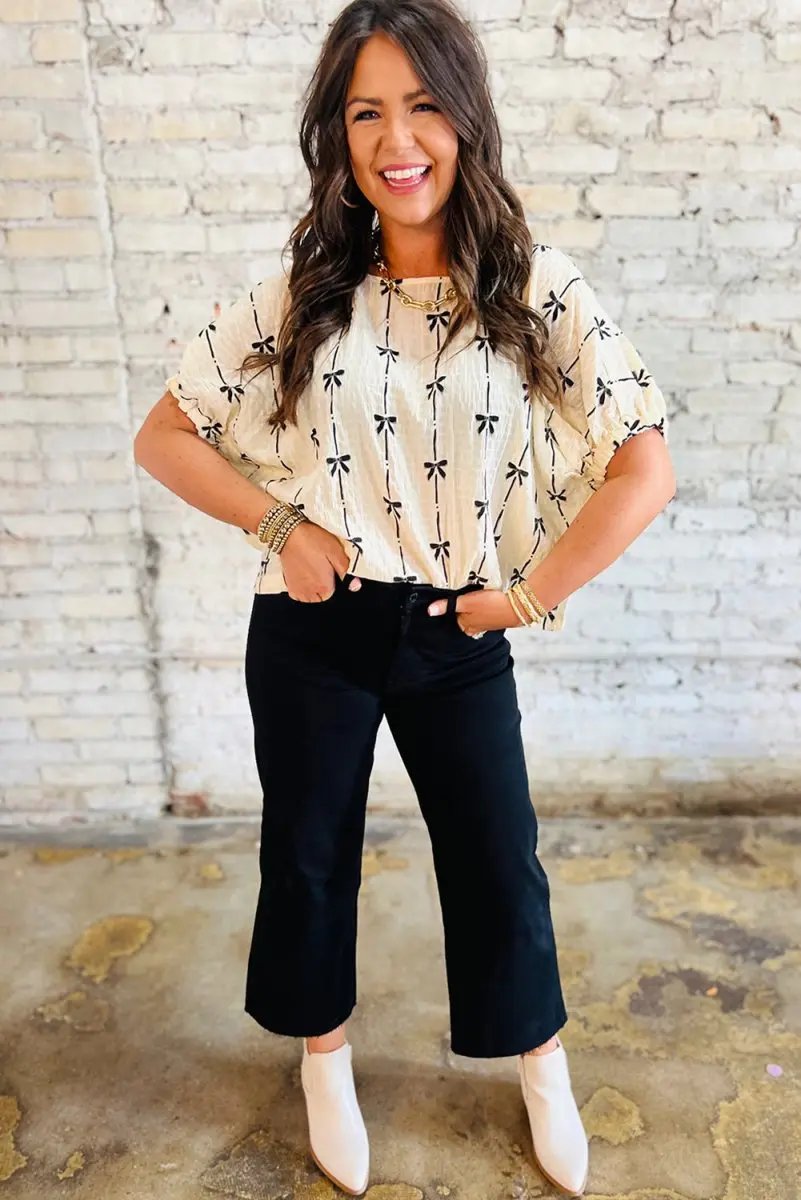 Beige Bow Print Puff Short Sleeve Top for Women Fashion - Love Salve 